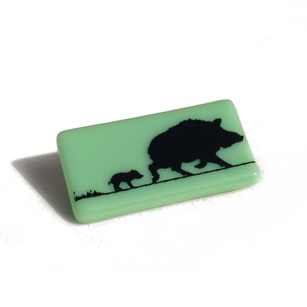 Wild Boar with baby hoglet Brooch in Fused Glass with Kiln Fired Enamel