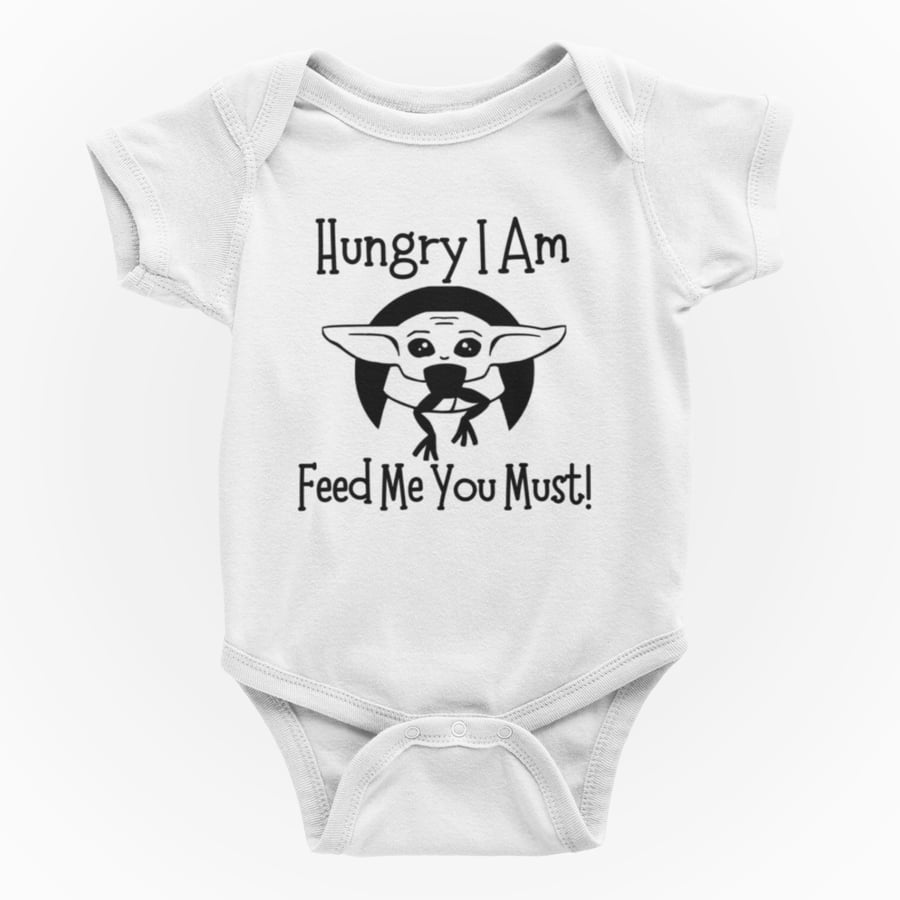 Funny Rude Novelty Shortsleeve Baby Grow- Hungry I Am.. Feed Me You Must