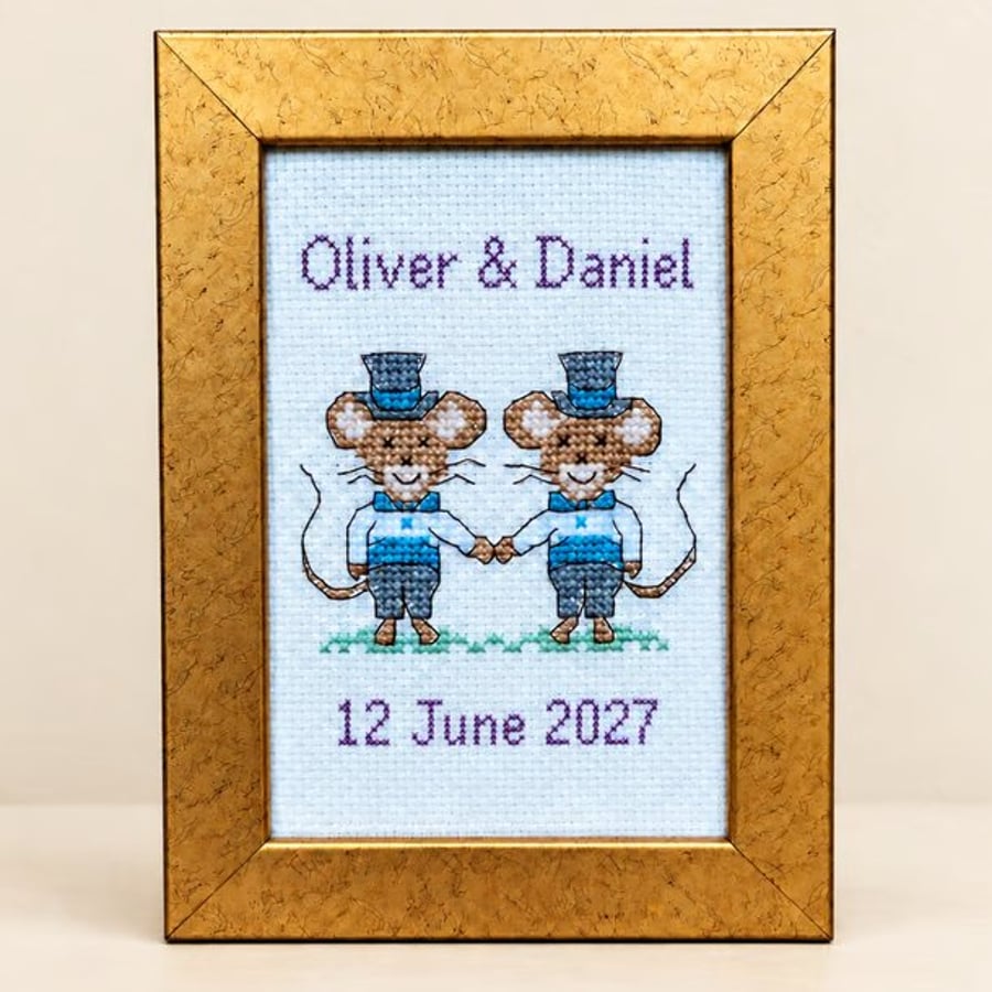 Image of Personalised Wedding Mice Cross Stitch – Framed Keepsake - Grooms