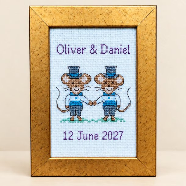 Personalised Wedding Mice Cross Stitch – Framed Keepsake - Grooms