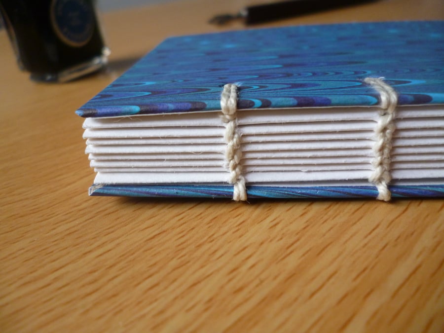 Hand-bound blue marble notebook - sketchbook - journal, A7, Coptic bound