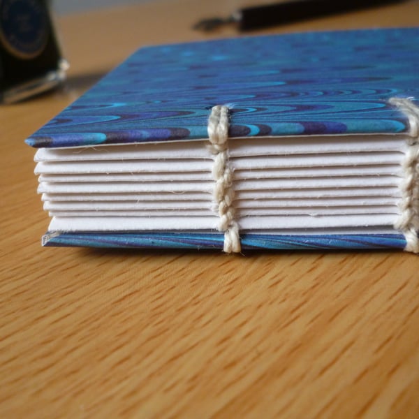 Hand-bound blue marble notebook - sketchbook - journal, A7, Coptic bound