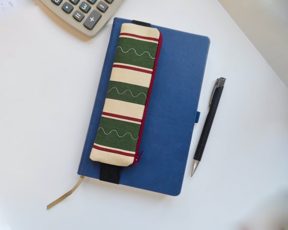 Pencil case for cover of book diary journal elasticated green stripe
