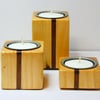 Quirky Set of 3  Block Wooden Pine CandleHolders with Sapele Inlays