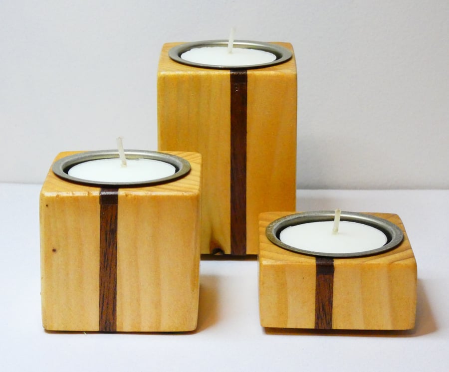 Quirky Set of 3  Block Wooden Pine CandleHolders with Sapele Inlays