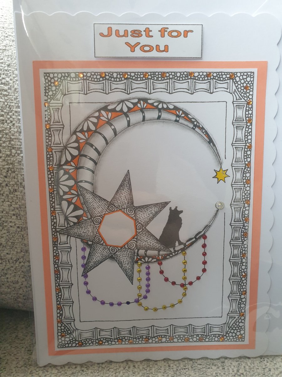 Hand drawn moon and dog card