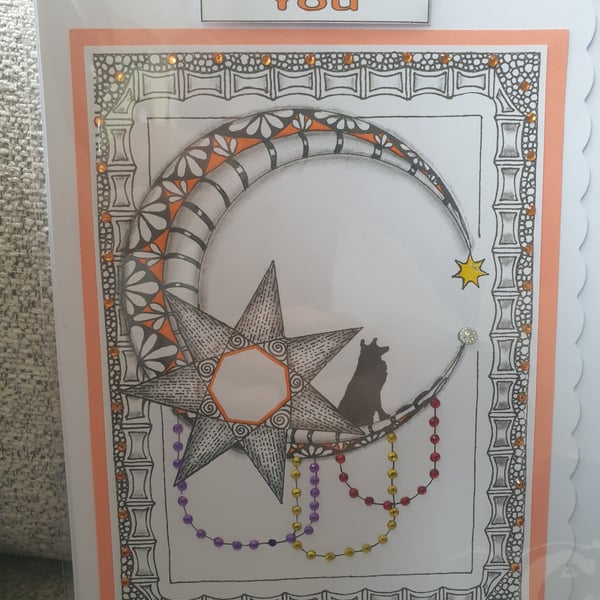 Hand drawn moon and dog card