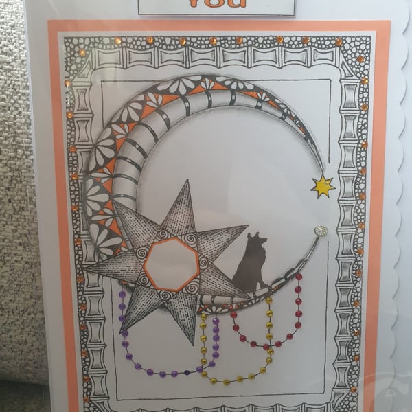 Hand drawn moon and dog card