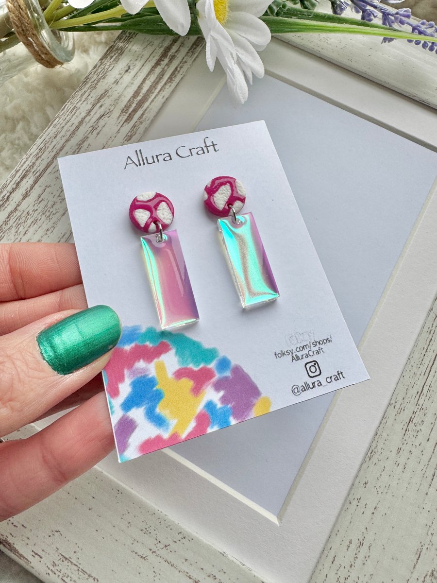 Iridescent Rectangle and Mosaic Pink Earrings 