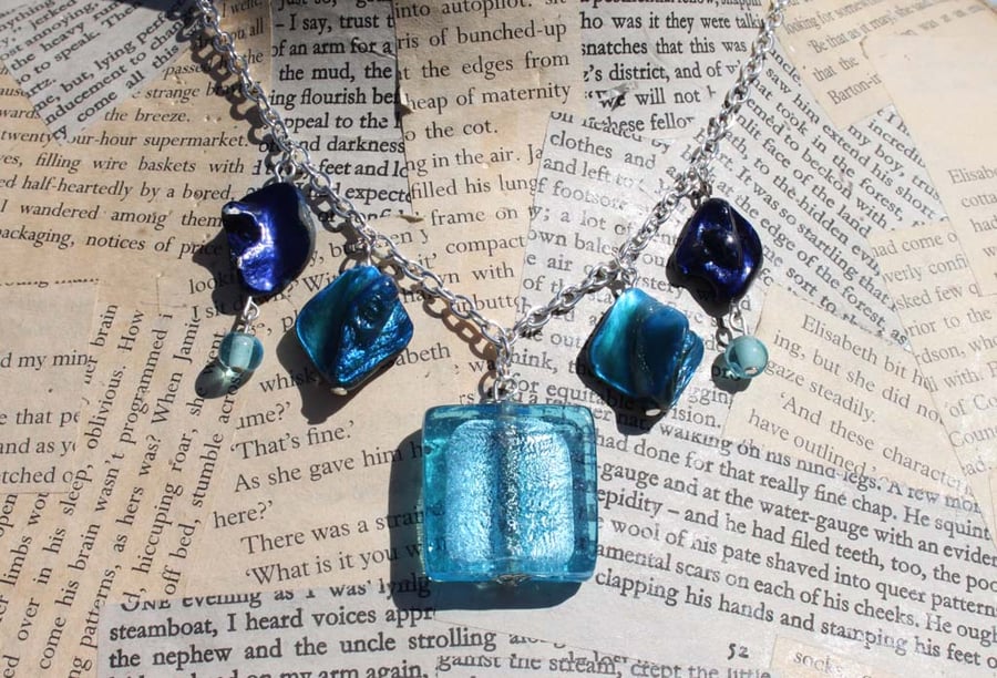 Blue Glass Shell Bead Silver Necklace