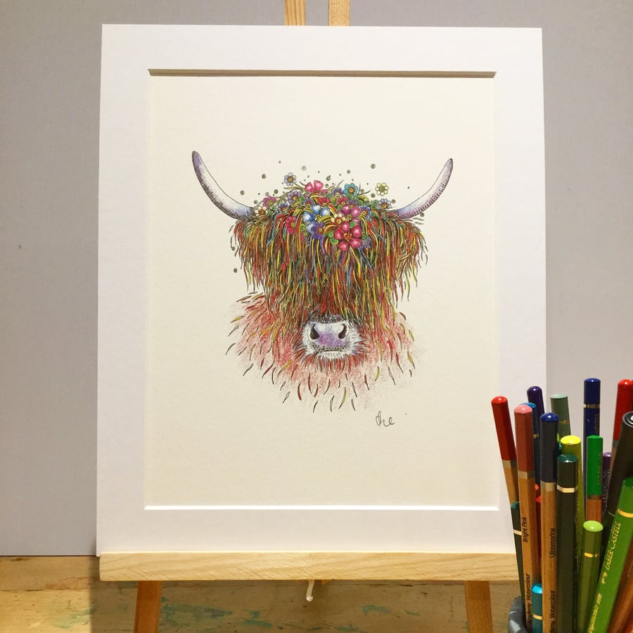 Floral Highland Cow Art Print 