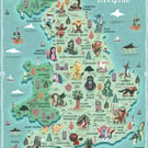 Illustrated Map, Mythical Beasts of England, A3 Art Print