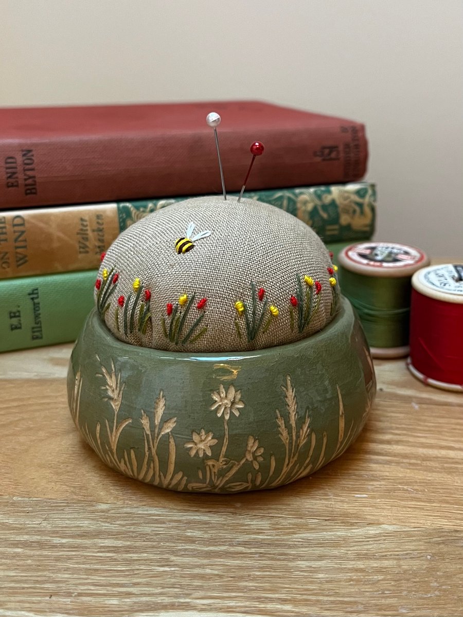 Pinch pot pin cushion with embroidered flowers bee