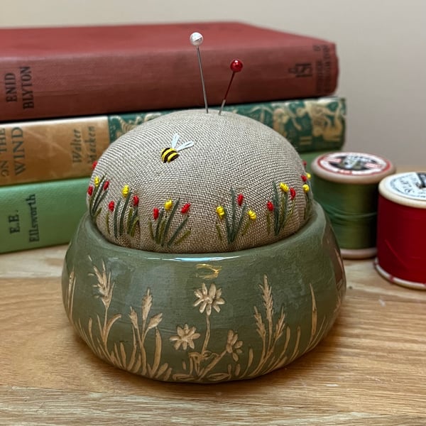 Pinch pot pin cushion with embroidered flowers bee
