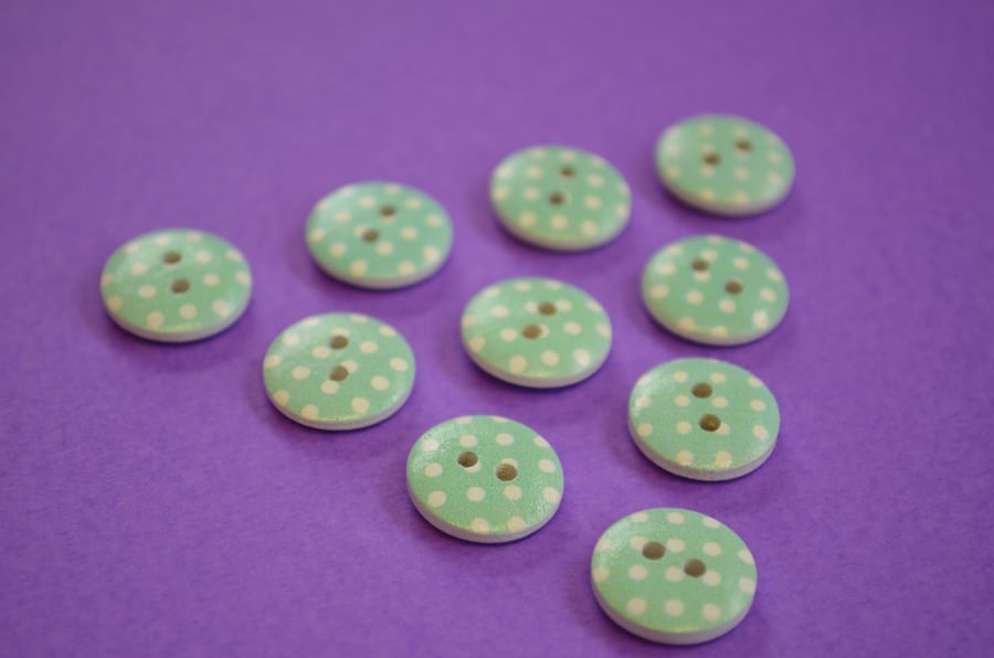15mm Wooden Spotty Buttons Aqua Blue With White Dots 10pk Spot Dot (SSP6)