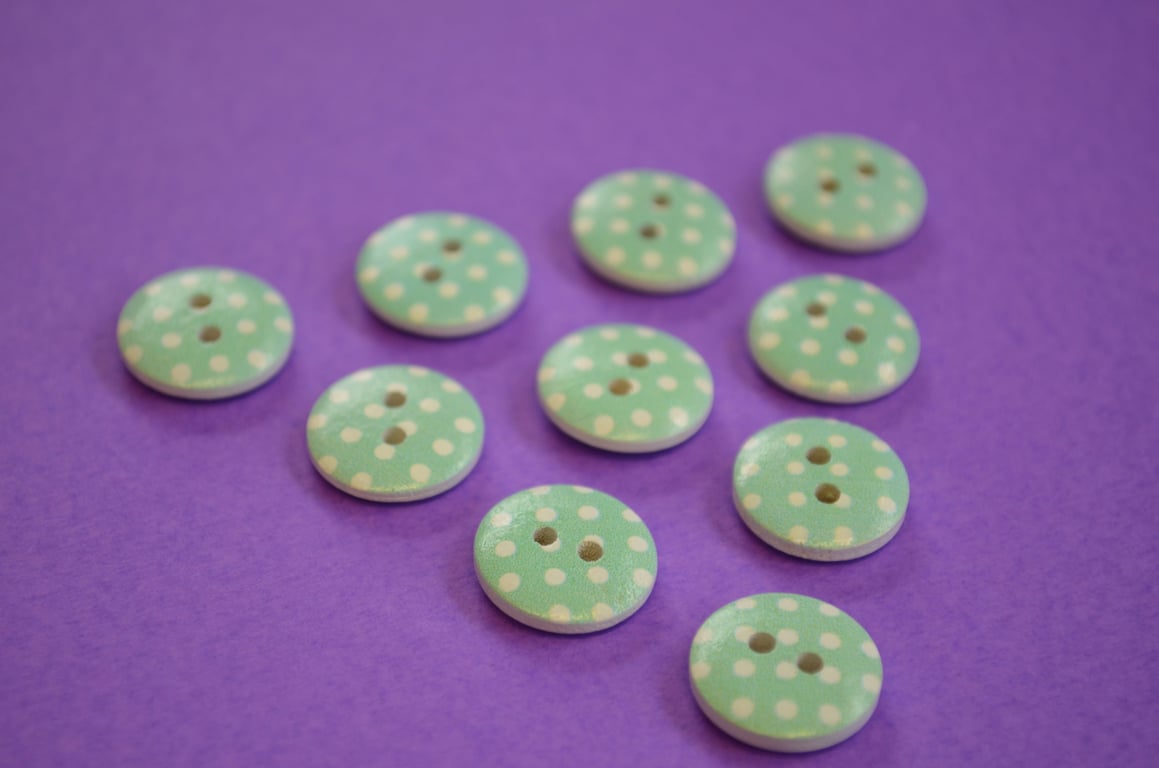 15mm Wooden Spotty Buttons Aqua Blue With White Dots 10pk Spot Dot (SSP6)