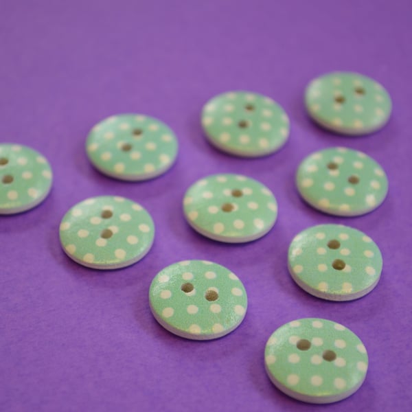 15mm Wooden Spotty Buttons Aqua Blue With White Dots 10pk Spot Dot (SSP6)