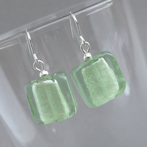 Square Mint Fused Glass Drop Earrings - Pale Green Dangle Earrings - Light Green