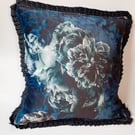 Cushion cover envelope style printed velvet blue flower and polkadot.