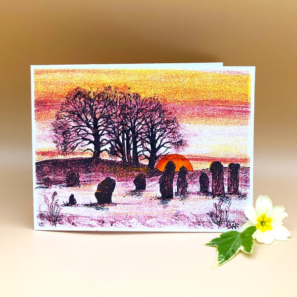 Greetings card, Avebury Stone Circle Evening Sunset version 2, Blank 