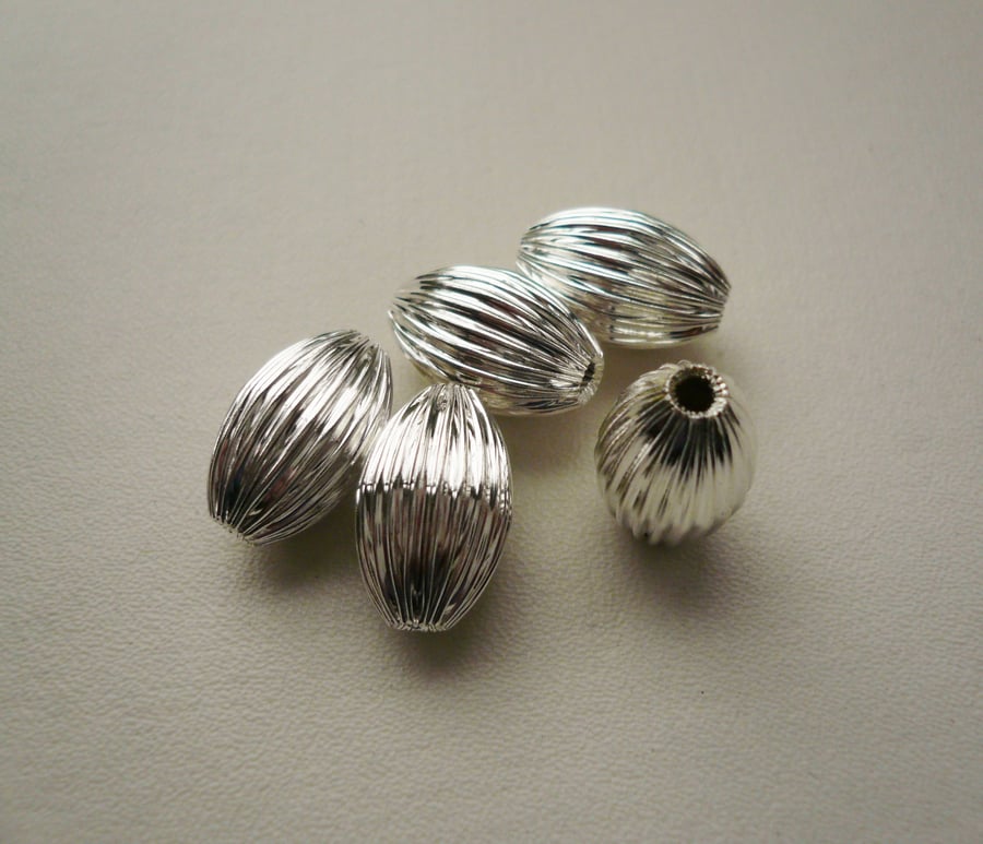 5  Silver Plated Ribbed Oval Beads