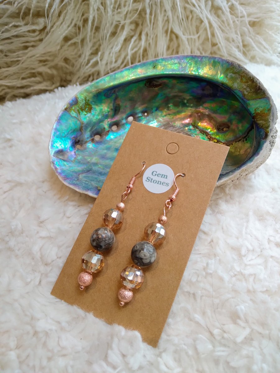 BOHO chic dangly WOW rose-gold Fossil Crinoid gemstone and Swarovski EARRINGS