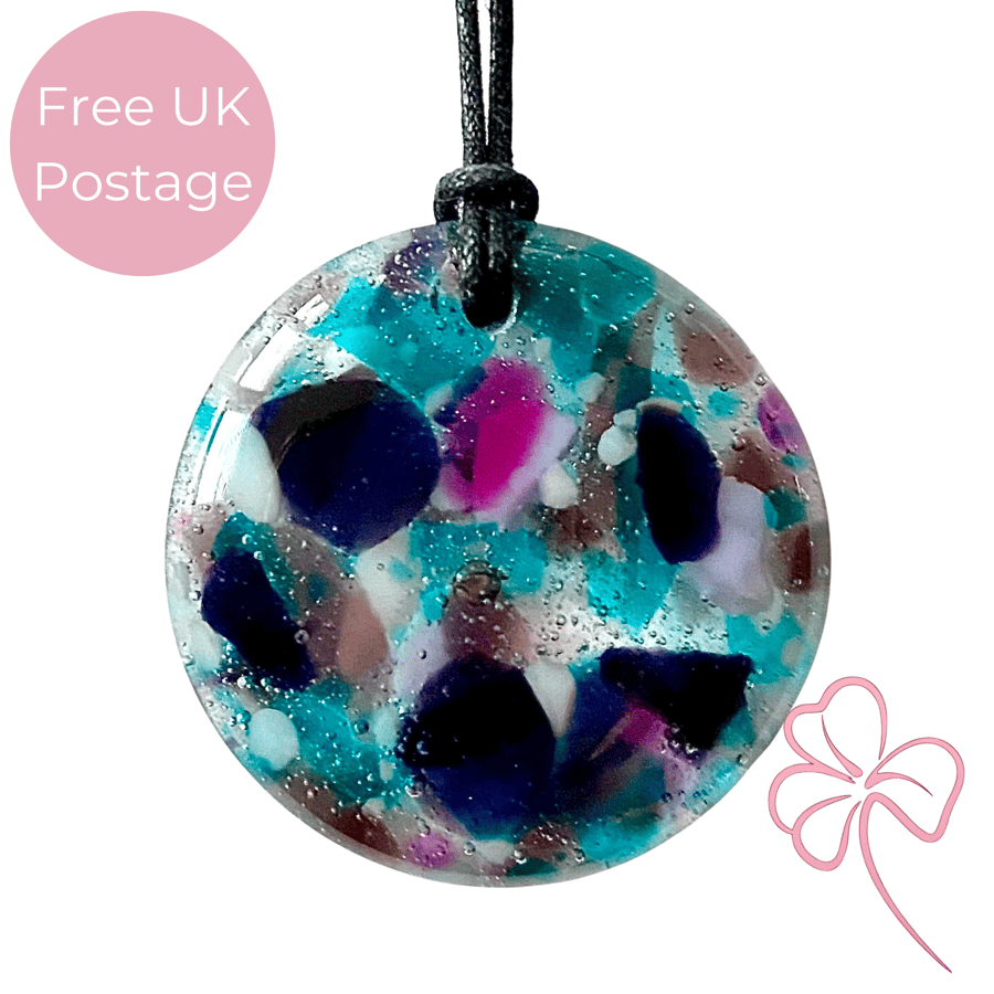Purple and Blue Round Fused Glass Pendant Necklace 