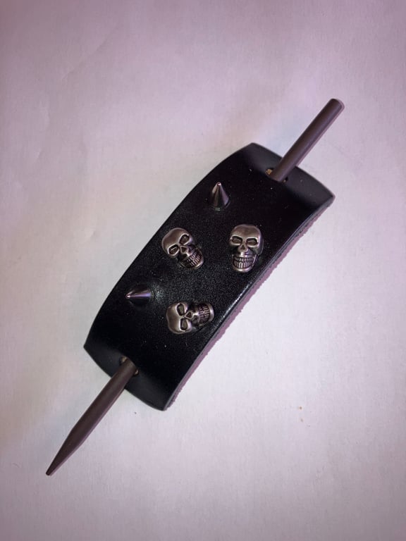 Dyed Black Leather Hair Stick Barrette with 2 Spikes and 3 Skull Heads