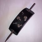Dyed Black Leather Hair Stick Barrette with 2 Spikes and 3 Skull Heads
