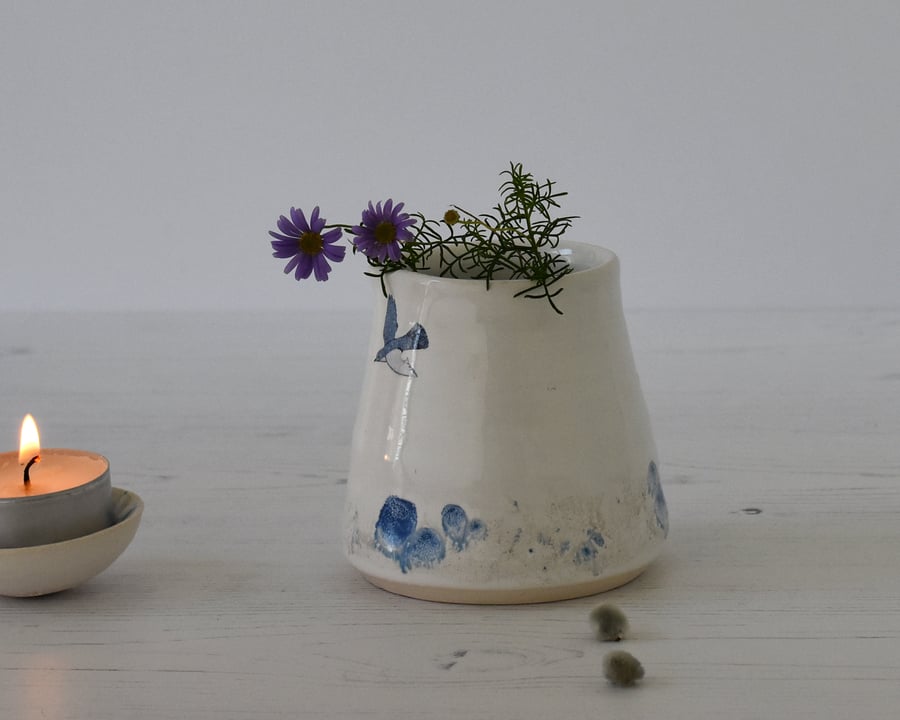 Handmade creamer jug, tiny pourer, blue and white pottery with bird