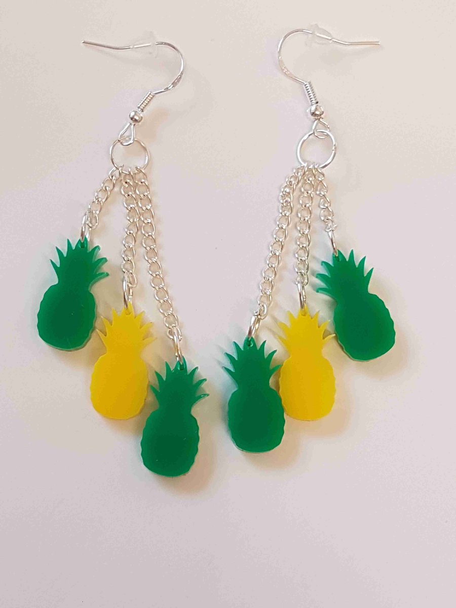 Dangly 3 Pineapple Fruity Earrings - Acrylic
