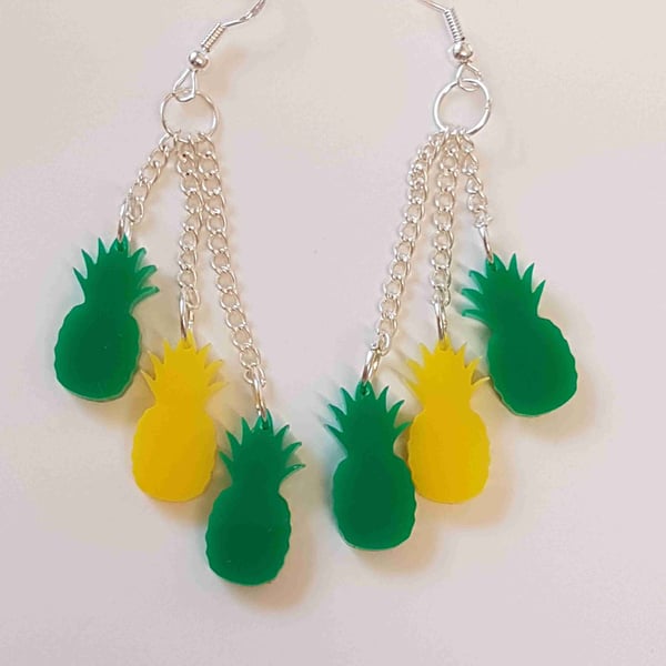 Dangly 3 Pineapple Fruity Earrings - Acrylic