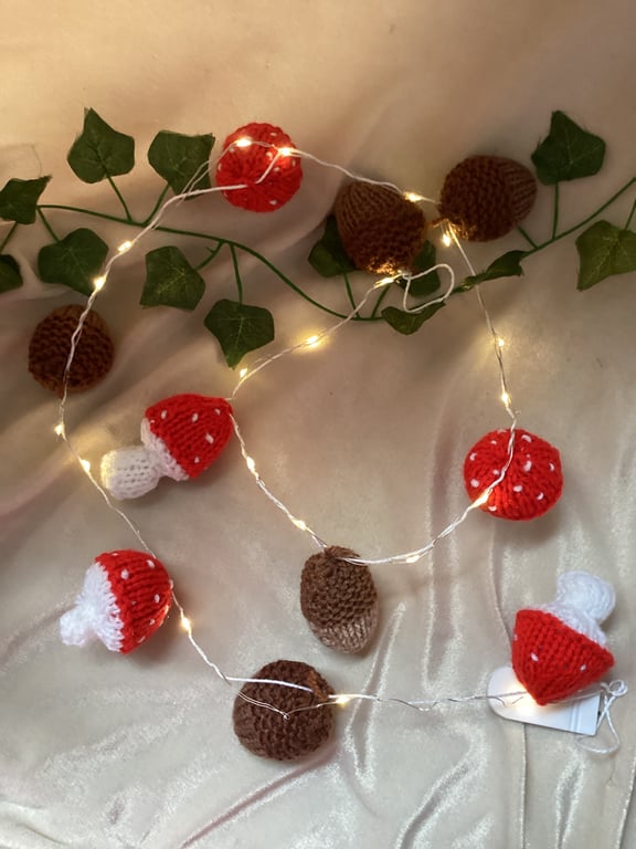 Hand Knitted Autumn Bunting with Toadstools and Acorns and Lights. Free Postage.