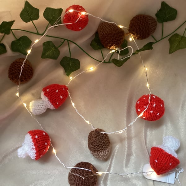 Hand Knitted Autumn Bunting with Toadstools and Acorns and Lights. Free Postage.