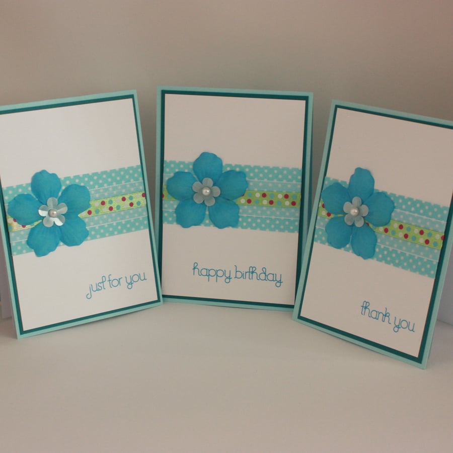 Pack of 3 handcrafted cards - birthday, thank you, just for you 