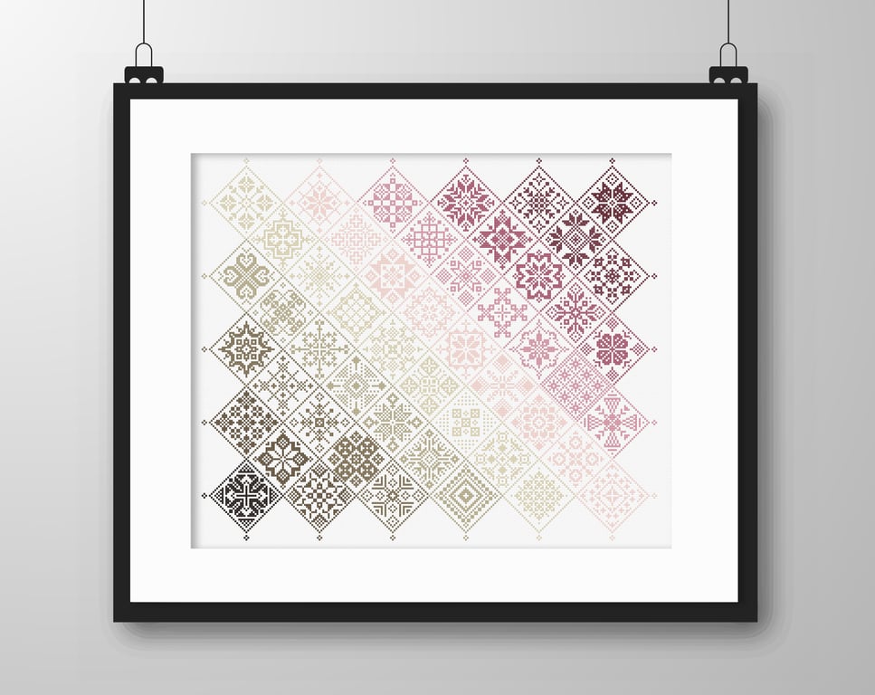 042F - Cross Stitch Quaker Sampler, Pink Beige Banded tiled patchwork squares