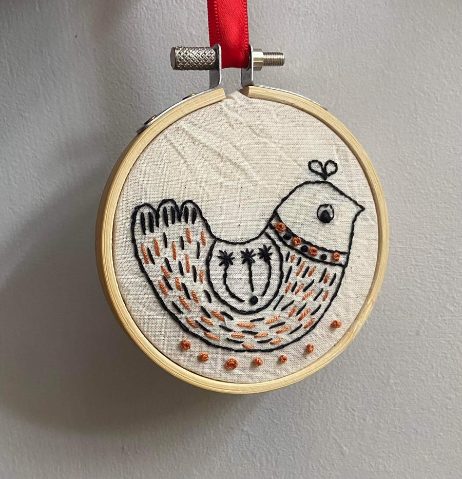 Embroidery folk art bird hand sewn in bamboo display hoop