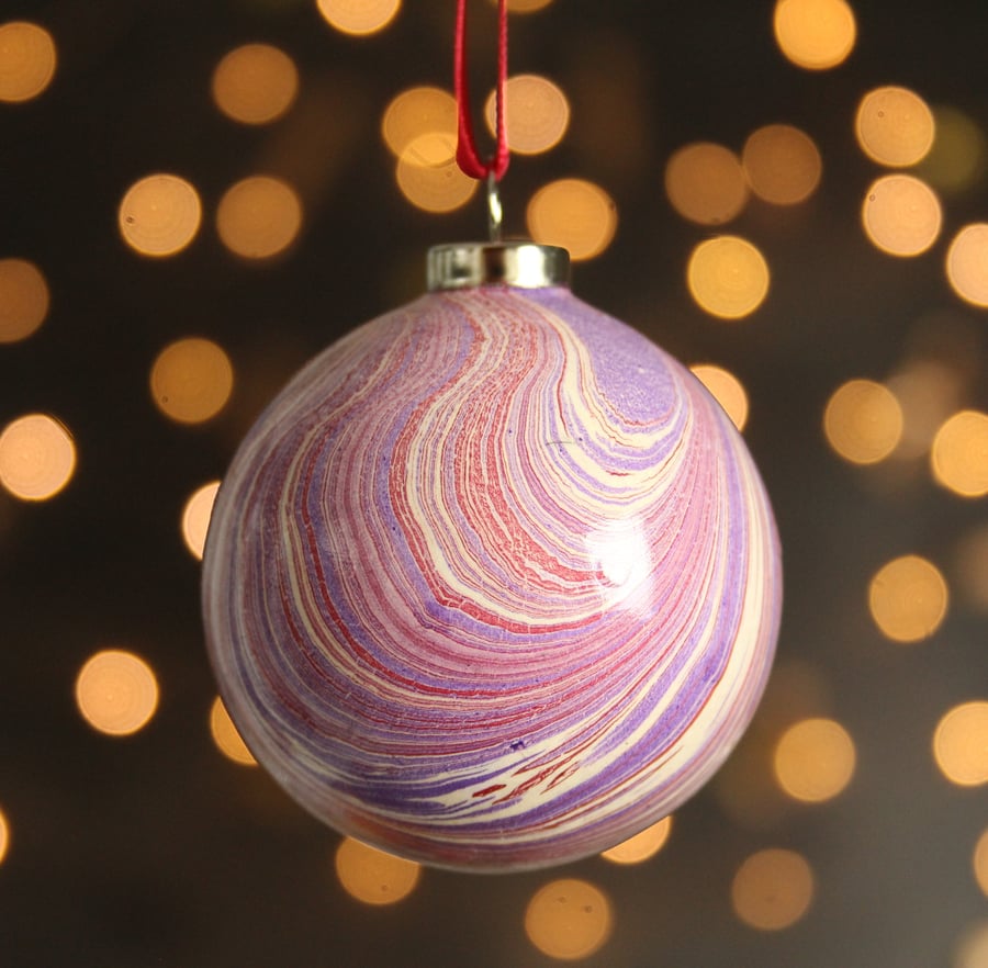 Marbled Christmas bauble ceramic decoration in crimson, purple gold