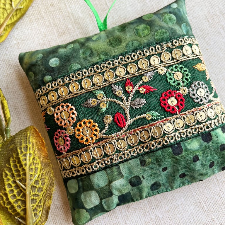A pretty batik lavender bag with embroidered trim, scented gift, 