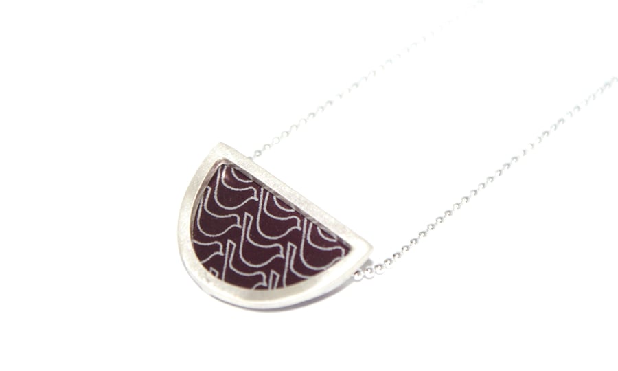 Silver and plum semi circle necklace - bird pattern