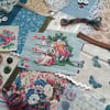 French Garden - Slow Stitching kit with vintage blue pastoral scene textiles