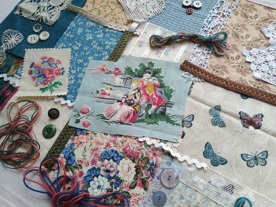 Slow Stitching kit - french blue pastoral garden scene - vintage textiles