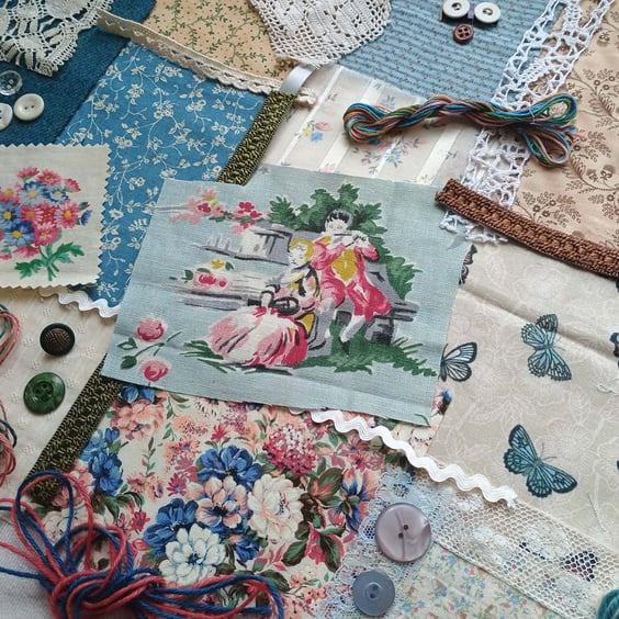 Slow Stitching kit - french blue pastoral garden scene - vintage textiles