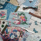 Slow Stitching kit - french blue pastoral garden scene - vintage textiles