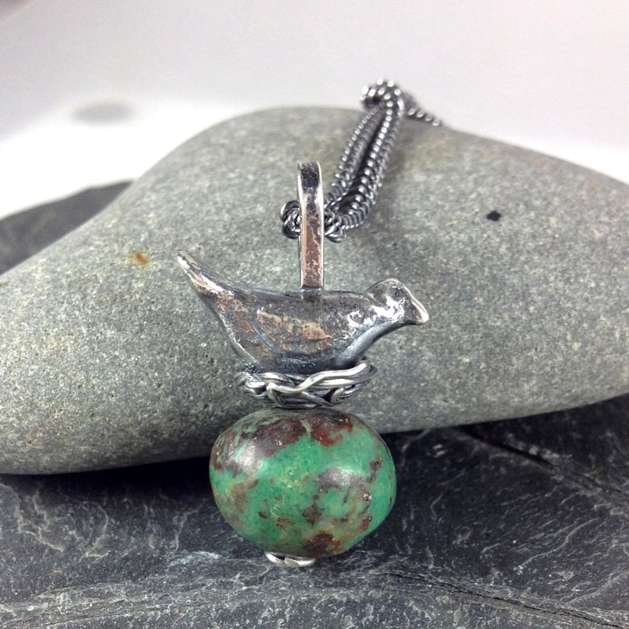Reserved for Jenny- silver and turquoise bird nest pendant with silver chain
