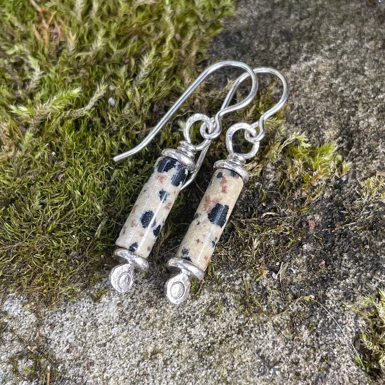 Scrolls Dalmatian jasper silver earrings