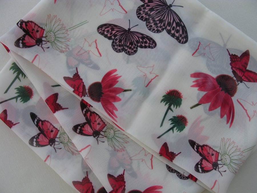 Handprinted chiffon scarf Echinacea & Butterflies