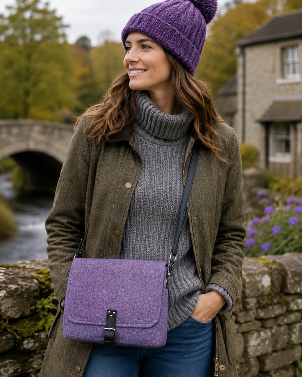 Crossbody bag, purple herringbone British wool weed shoulder bag handbag