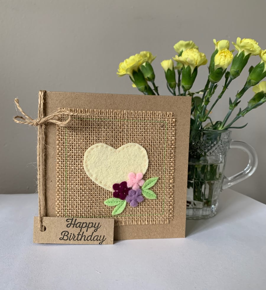 Birthday card. Cream heart and flowers. Wool felt. Handmade Card.