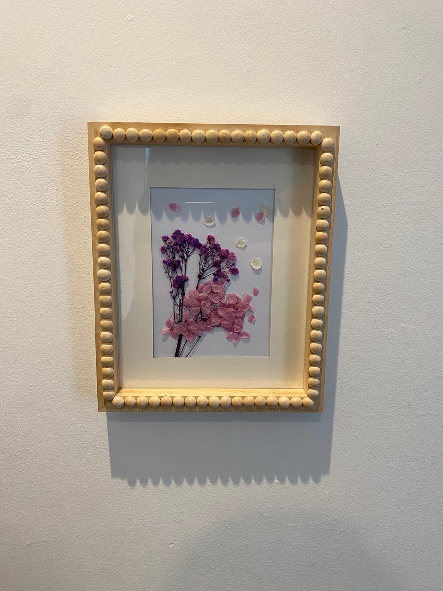 Pressed Flower Arrangement in Hand Decorated Bobbin Frame 